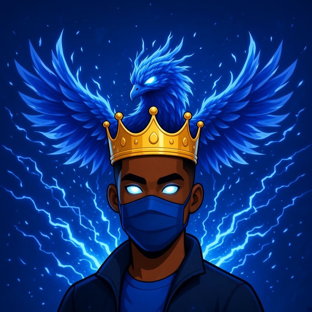 King Vctory’s crowned, blue-masked character with a phoenix